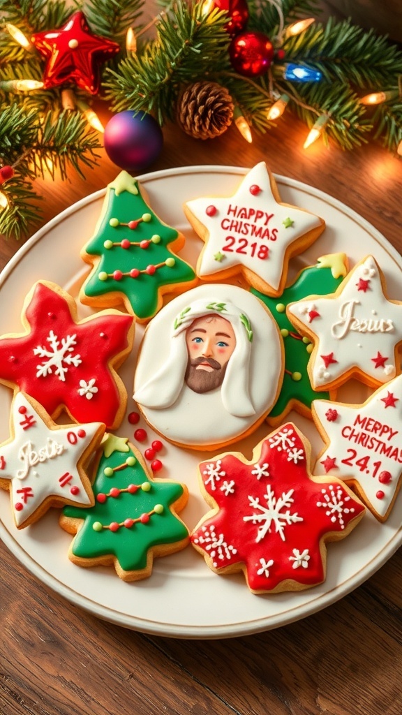 Christmas Sugar Cookies with Jesus Motif A plate of decorated Christmas sugar cookies with Jesus motif, surrounded by holiday decorations.